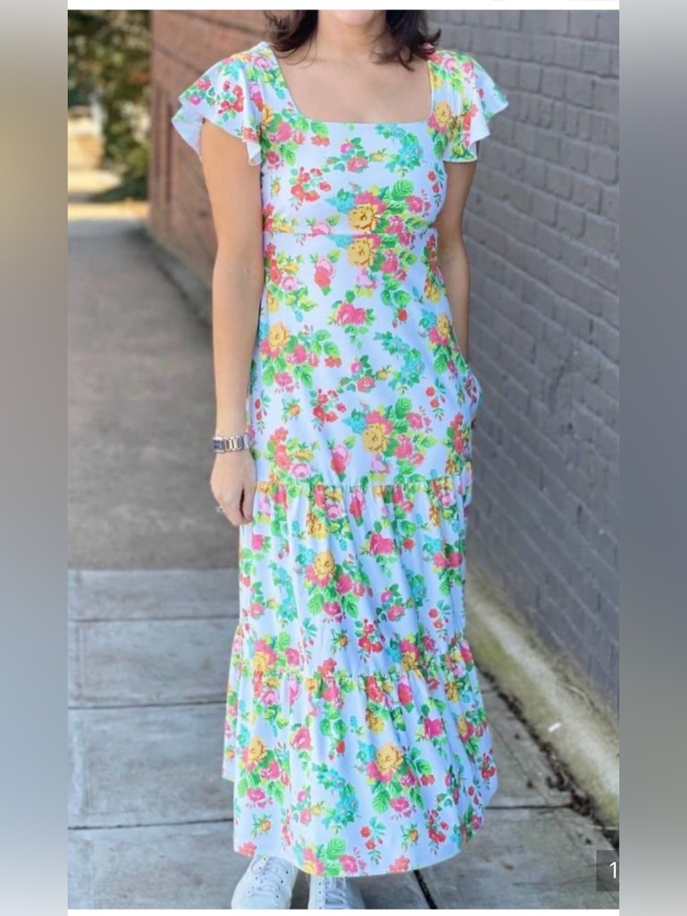 Smith and Quinn Bitty Cape Garden Floral Tiered Dress with Flutter Sleeves Small